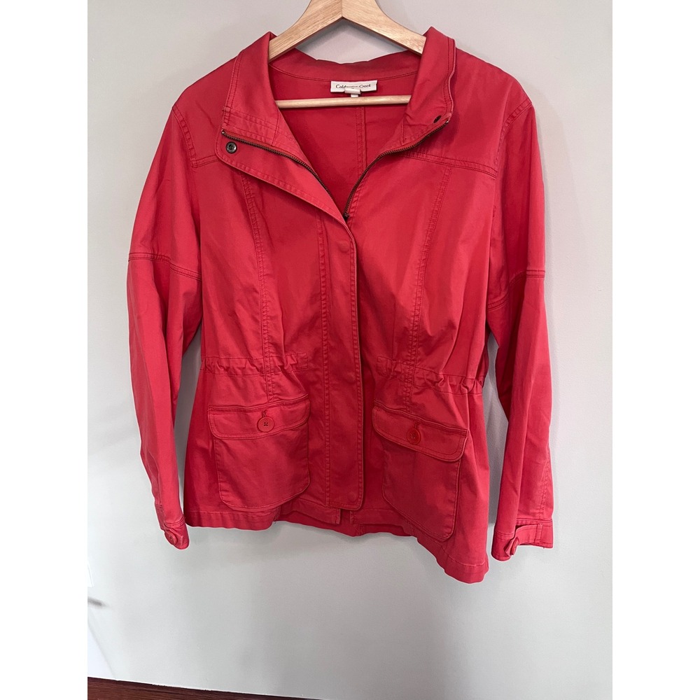 Coldwater Creek Womens Coral Red Cotton Utility Field Jacket Size 12 Zip Front